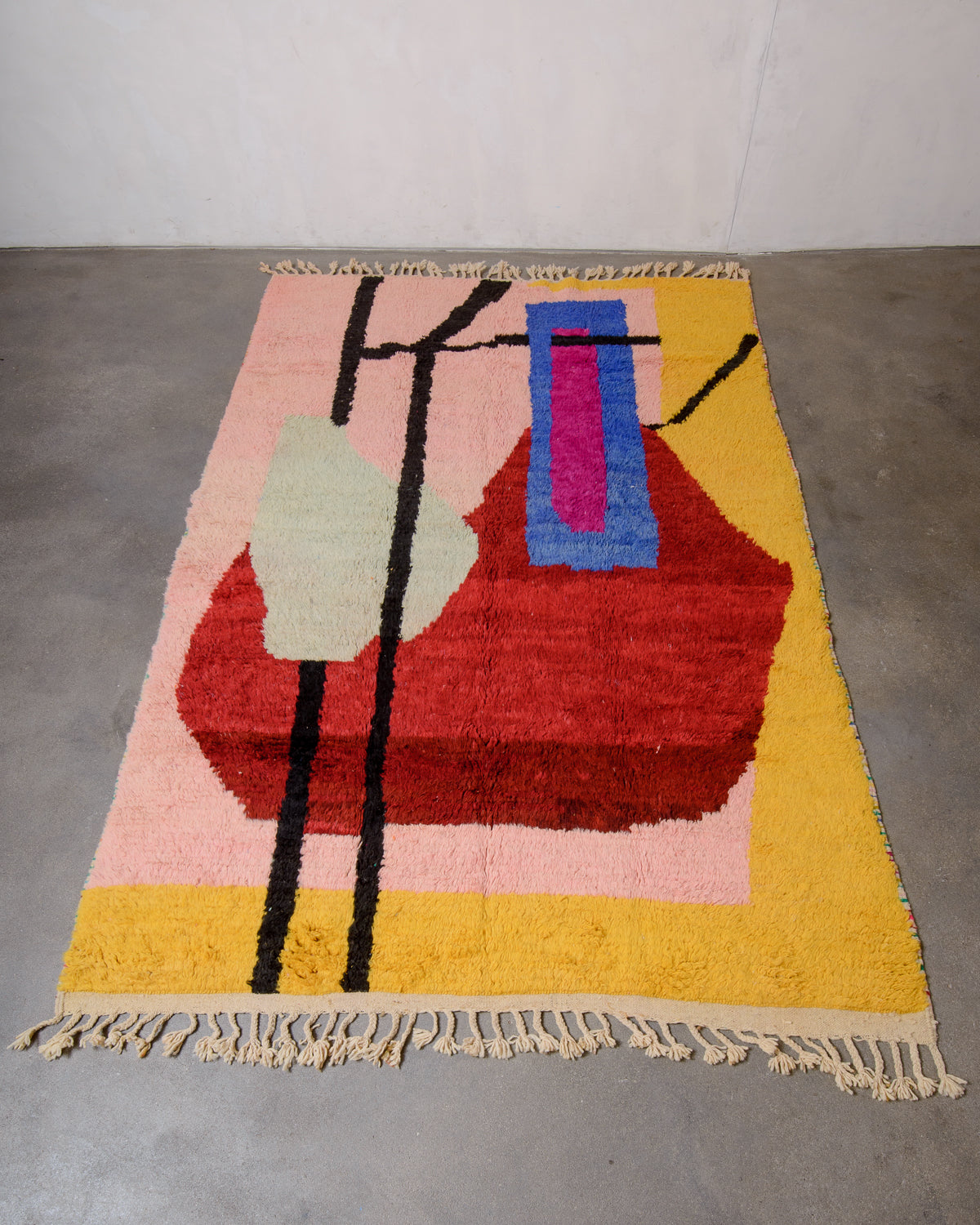 Modern, designer, handcrafted Berber rug from Morocco. Vintage carpet with beautiful colours and patterns and fluffy texture.
